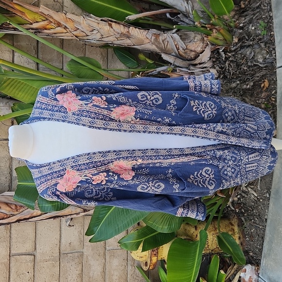 Biya Johnny Was Blue Pink Floral Embordiered Kimono Jacket Small - Picture 1 of 8